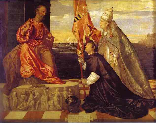 Oil painting:Pope Alexander VI Presenting Jacopo Pesaro to Saint Peter. 1502
