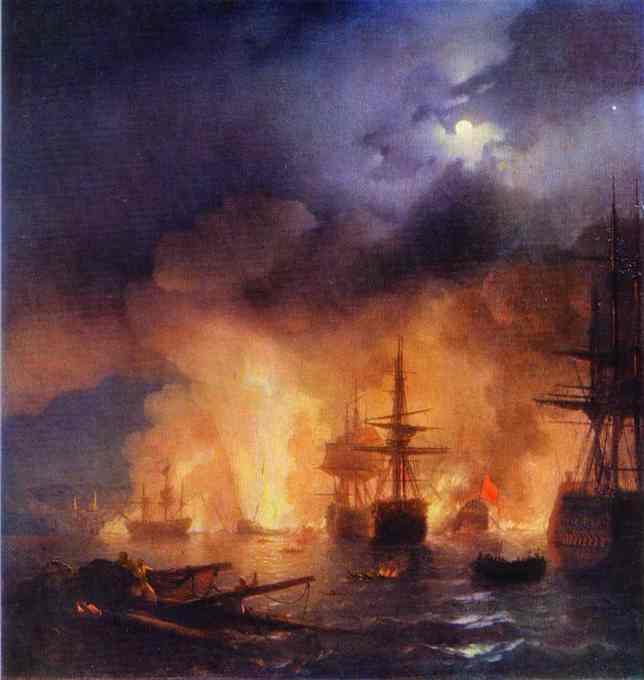 Oil painting:The Battle of Chesme. 1848