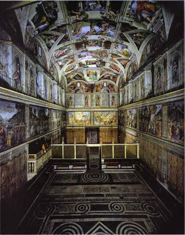 Oil painting:The interior of the Sistine Chapel showing the ceiling fresco. Sistine Chapel, Vatican