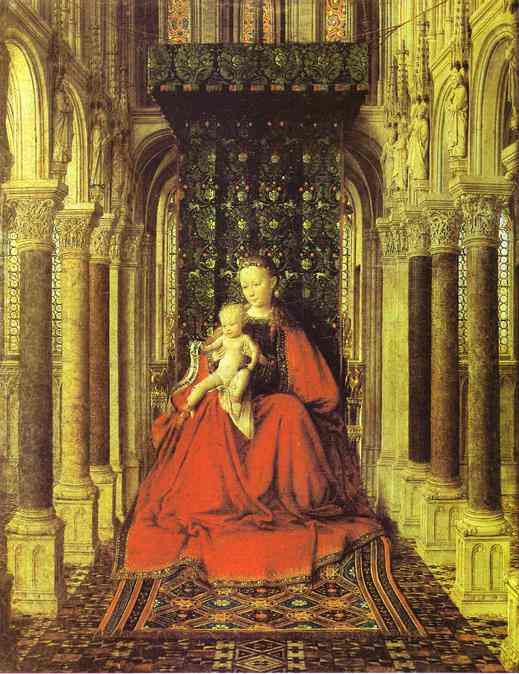 Oil painting:The Virgin and Child in a Church (central section of a portable altar). 1437