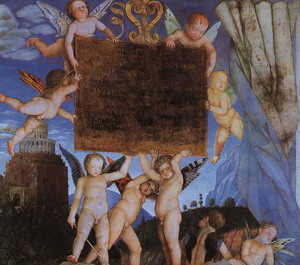 Camera degli Sposi, detail featuring Putti Holding Dedicatory Tablet 1474