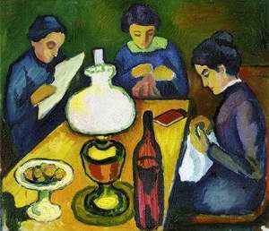 Three Women at the Table by the Lamp