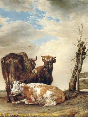 Two Cows &amp; a Young Bull beside a Fence in a Meadow 1647