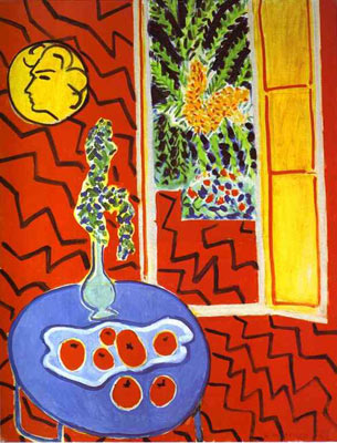 Red Interior. Still Life on a Blue Table