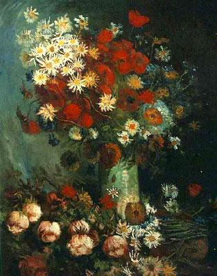 Vase with Poppies, Cornflowers, Peonies and Chrysanthemums