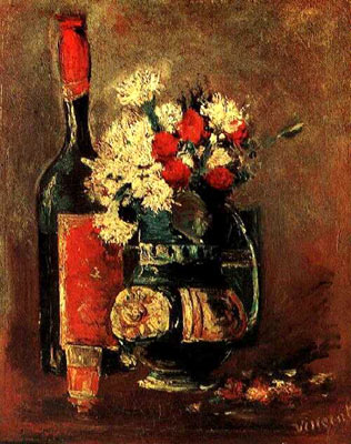 Vase with Carnations and Roses and a Bottle