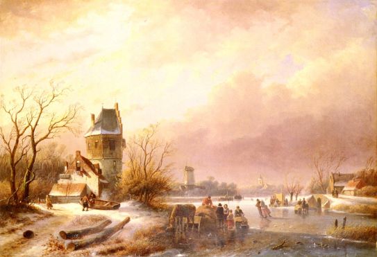Andreas Schelfhout - Skaters On A Frozen River
