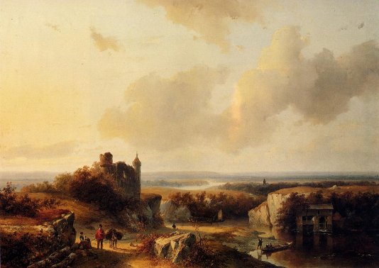 Barend Cornelis Koekkoek - An Extensive River Landscape With Travellers