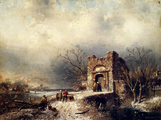 Charles Henri Joseph Leickert - Villagers On A Frozen Path