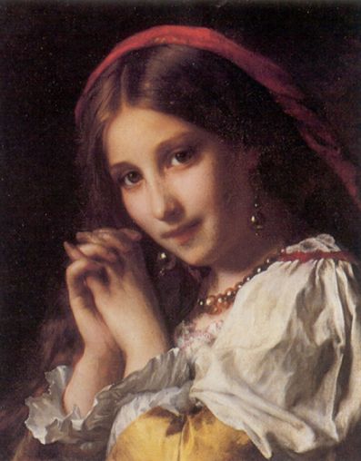 Etienne Adolphe Piot - Portrait of a Girl with Red Shawl