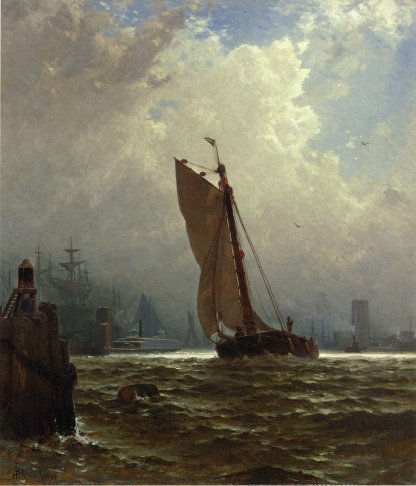 Alfred Thompson Bricher - New York Harbor With The Brooklyn Bridge Under Construction