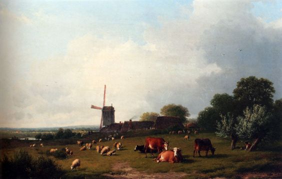 Eugene Joseph Verboeckhoven - A Panoramic Summer Landscape With Cattle Grazing In A Meadow