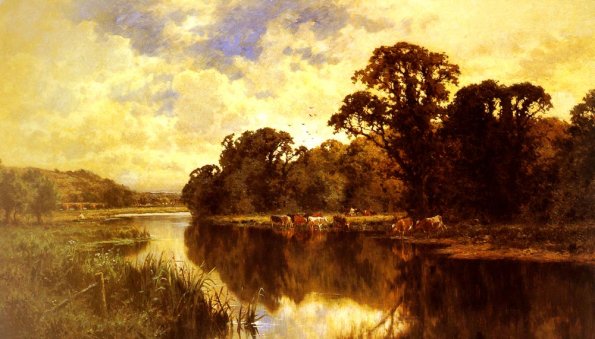 Henry Hillier Parker - Cattle Watering On A Riverbank