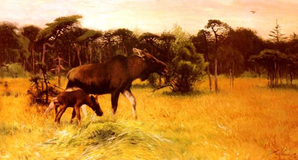 Wilhelm Kuhnert - Moose with her Calf in a Landscape