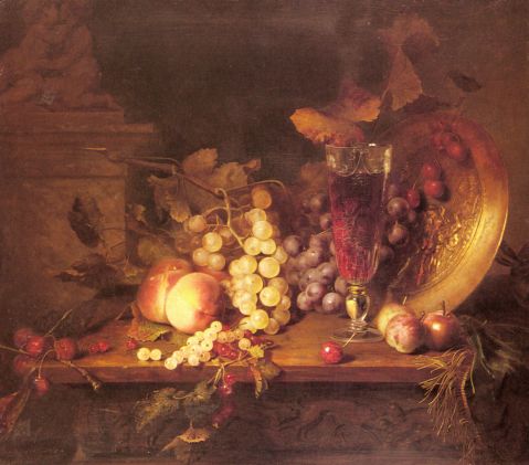 Desgoffe Blaise Alexandre - Still Life with Fruit, a Glass of Wine and a Bronze Vessel o