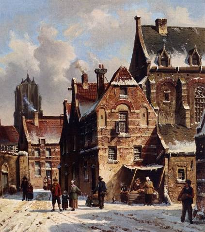 Adrianus Eversen - Figures In The Streets Of A Wintry Town