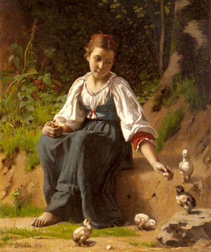 Francois Alfred Delobbe - A Young Girl feeding Baby Chicks