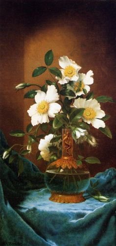 White Cherokee Roses in a Salamander Vase