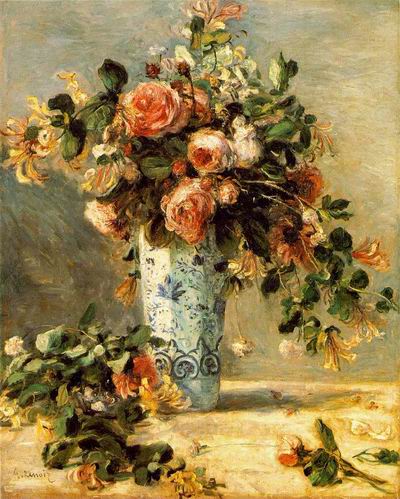 Roses and Jasmin in a Delft Vase. (Les roses et jasmin dans le vase de Delft). c. 1880 81.