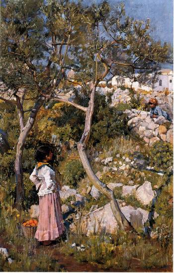 Two Little Italian Girls by a Village