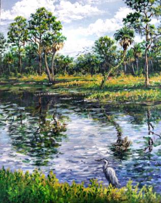 Out Fishing, Blue Heron,Impressionism Landscape