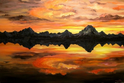 Sunset Over Jackson Lake and the Grand Tetons ~ 8/15/08 A Painting a Day Hudson River School