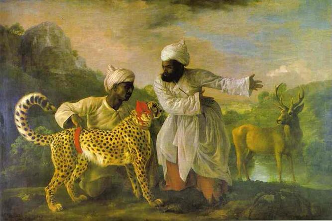 A Cheetah With Two Indian Attendants and a Stag