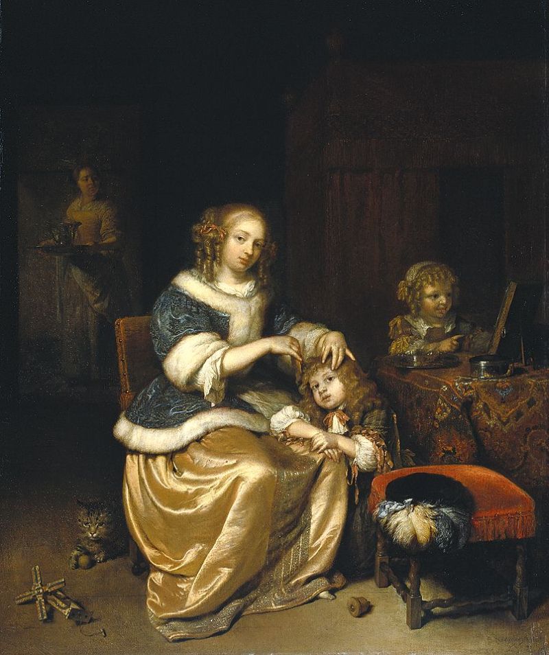 Interior With Mother Combing Hair of Child