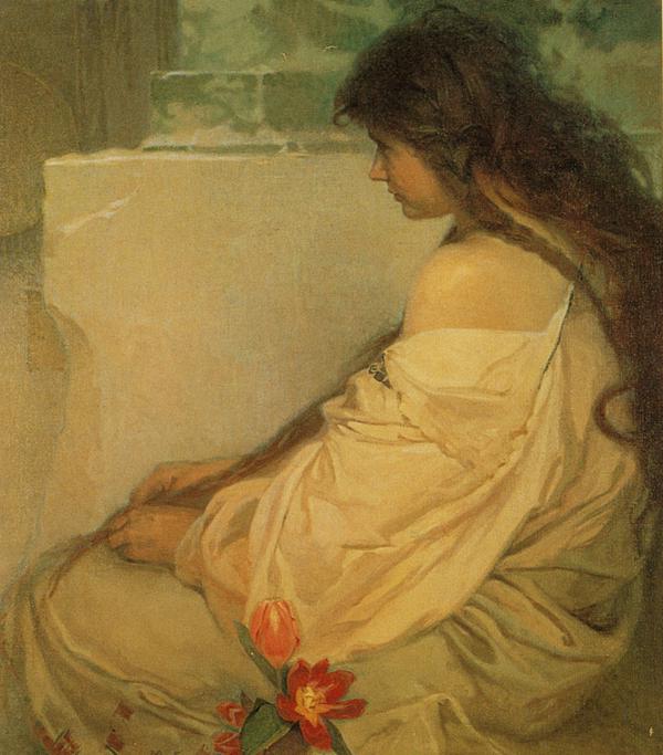 Girl With Loose Hair And Tulips