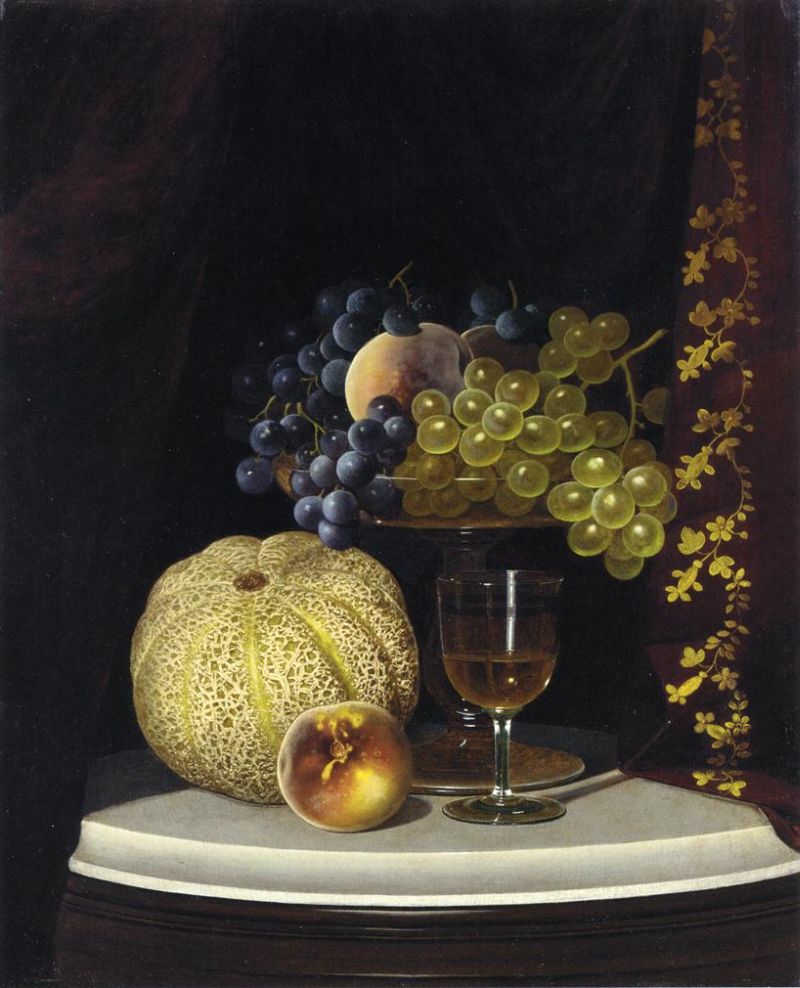 Still Life with Melon, Peach, Fruit Filled Compote and Glass of Wine