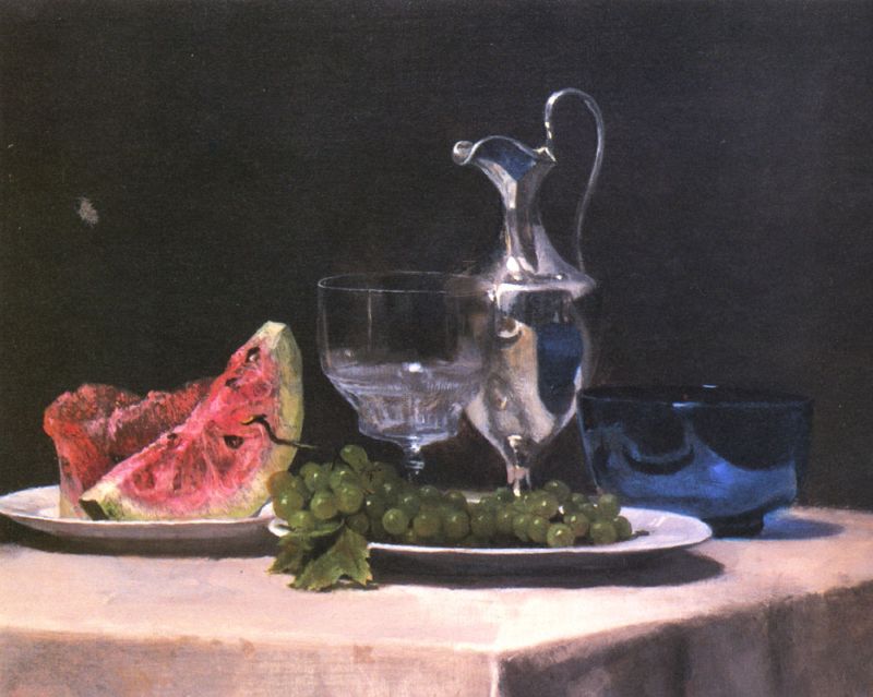 Still Life Study of Silver, Glass, And Fruit