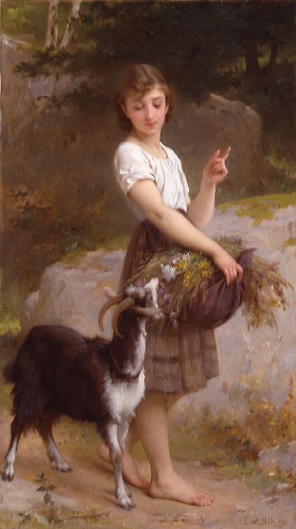 Young Girl With Goat and Flowers