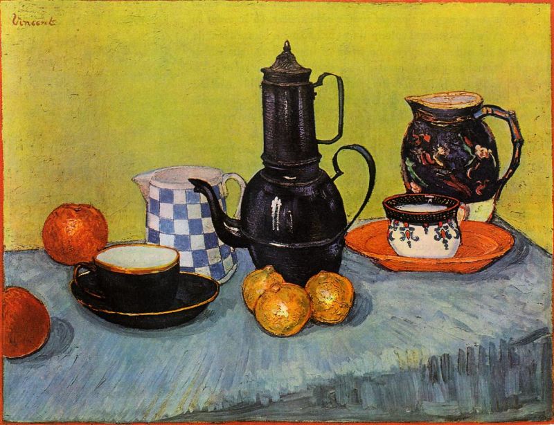 Still Life, Blue Enamel Coffeepot, Earthenware and Fruit