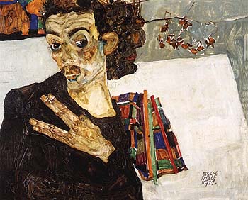 Egon Scheile Self-Portrait with Black Clay Vase and Spread Fingers 1911