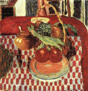 Pierre Bonnard Basket and Plate of Fruit on a Red-checkered Tablecloth 1938