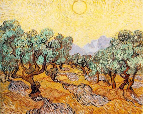 Olive Trees with Yellow Sky and Sun