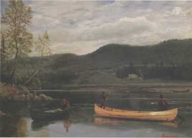 Albert Bierstadt Men in Two Canoes oil painting