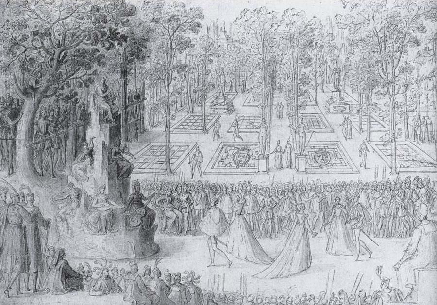 Court ball following the Ballet of the Provinces of France with a view to gthe gardens of the