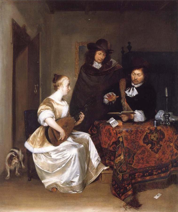 A Woman Playing a Theorbo to Two Men