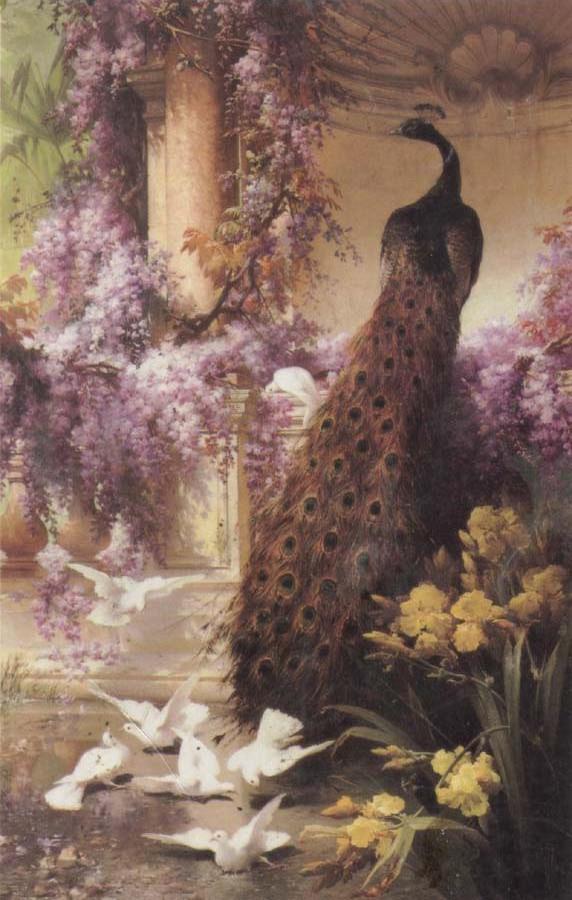 A Peacock and Doves in a Garden