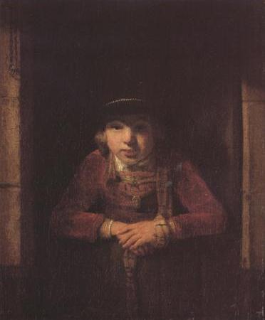 A Young Man wearing a Hat decorated with Pearls and a gold Medallion in a Half-Door (mk33)