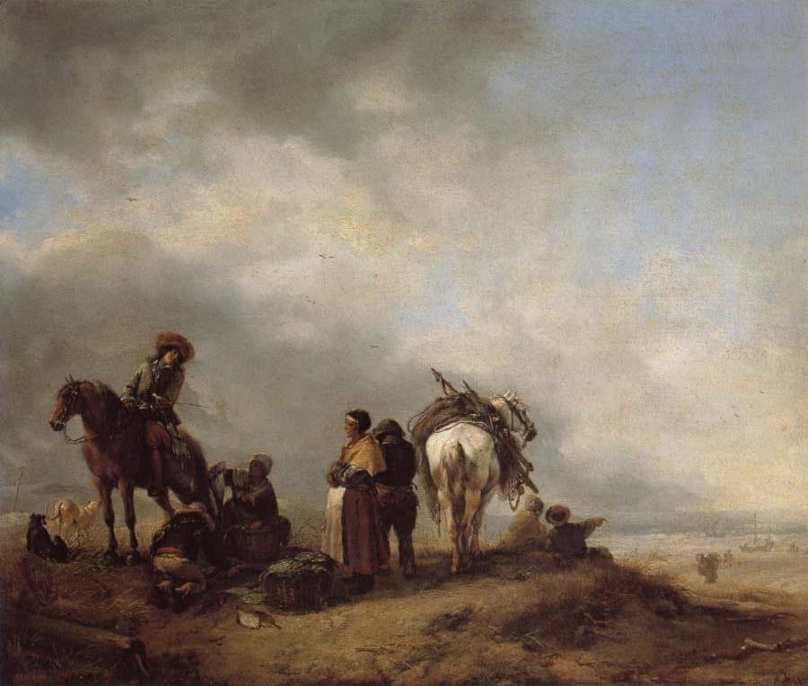 A View on a Seashore with Fishwives Offering Fish to a Horseman