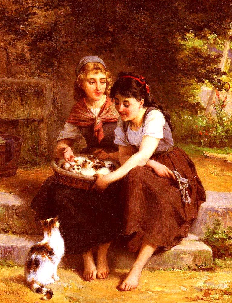 Deux Filles Avec Un Panier De Chatons