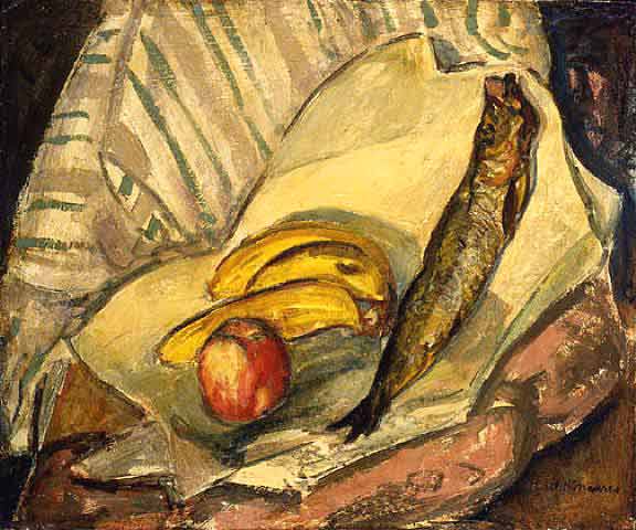 Still Life with Bananas, Apple and Trout