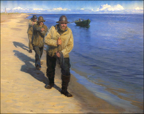 Three Fishermen Pulling a Boat