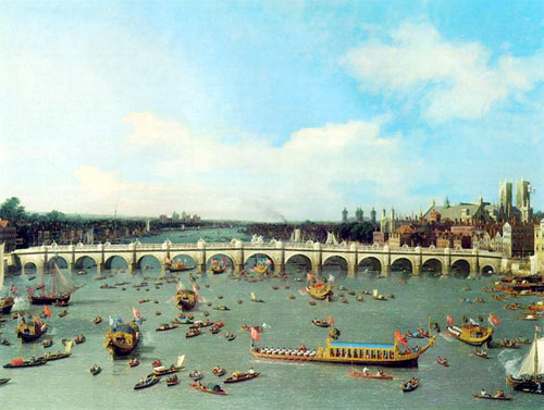 Westminster Bridge, London, with the Lord Mayors Procession on the Thames