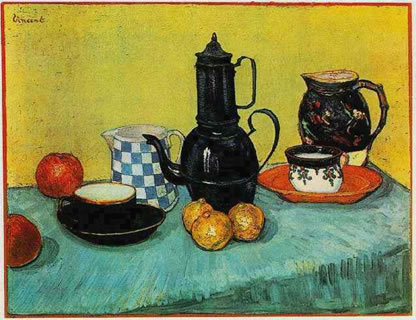 Still Life: Blue Enamel Coffeepot, Earthenware and Fruit