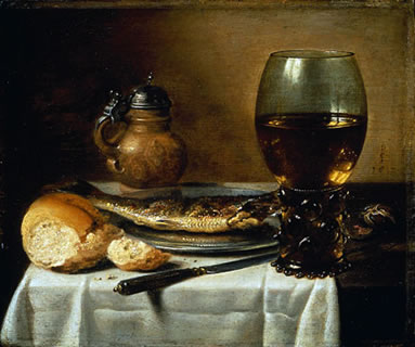 Still Life with Stoneware Jug, Wine Glass, Herring, and Bread