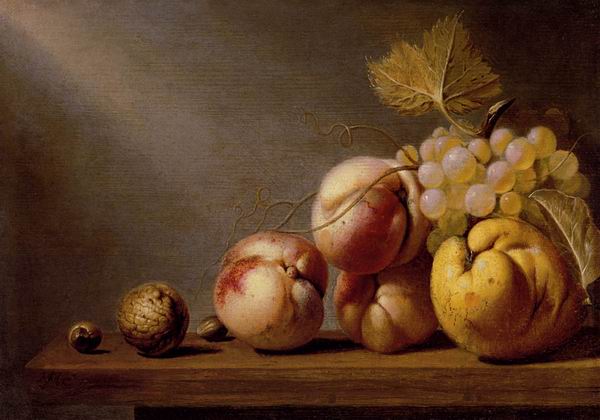 A Still Life Of Paeches, Grapes, A Quince, A Walnut And Two Hazelnuts