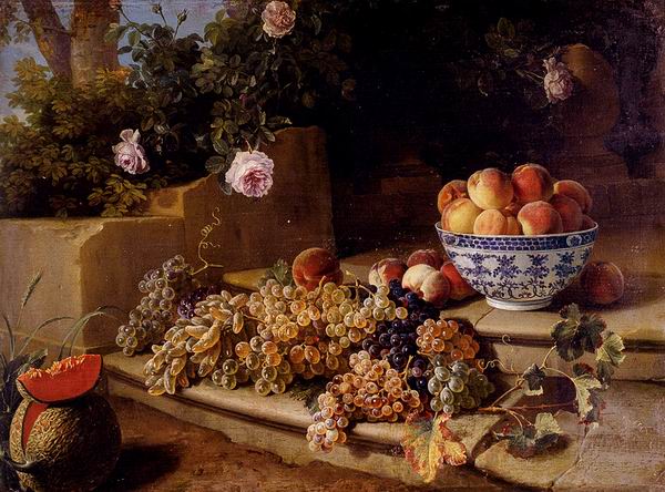 Still Life Of Grapes, Peaches In A Blue And White